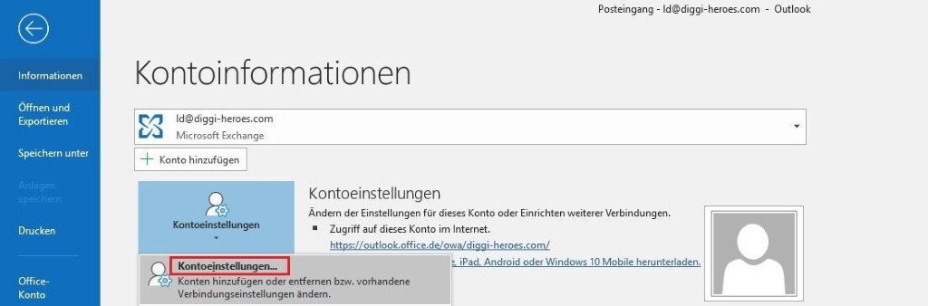 Menü „Kontoinformationen“ in Outlook 2016